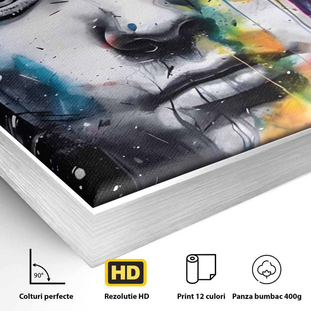 Detaliu al suprafetei: tablou canvas portret barbat cu pete de culoare, in rama de aluminiu argintiu
